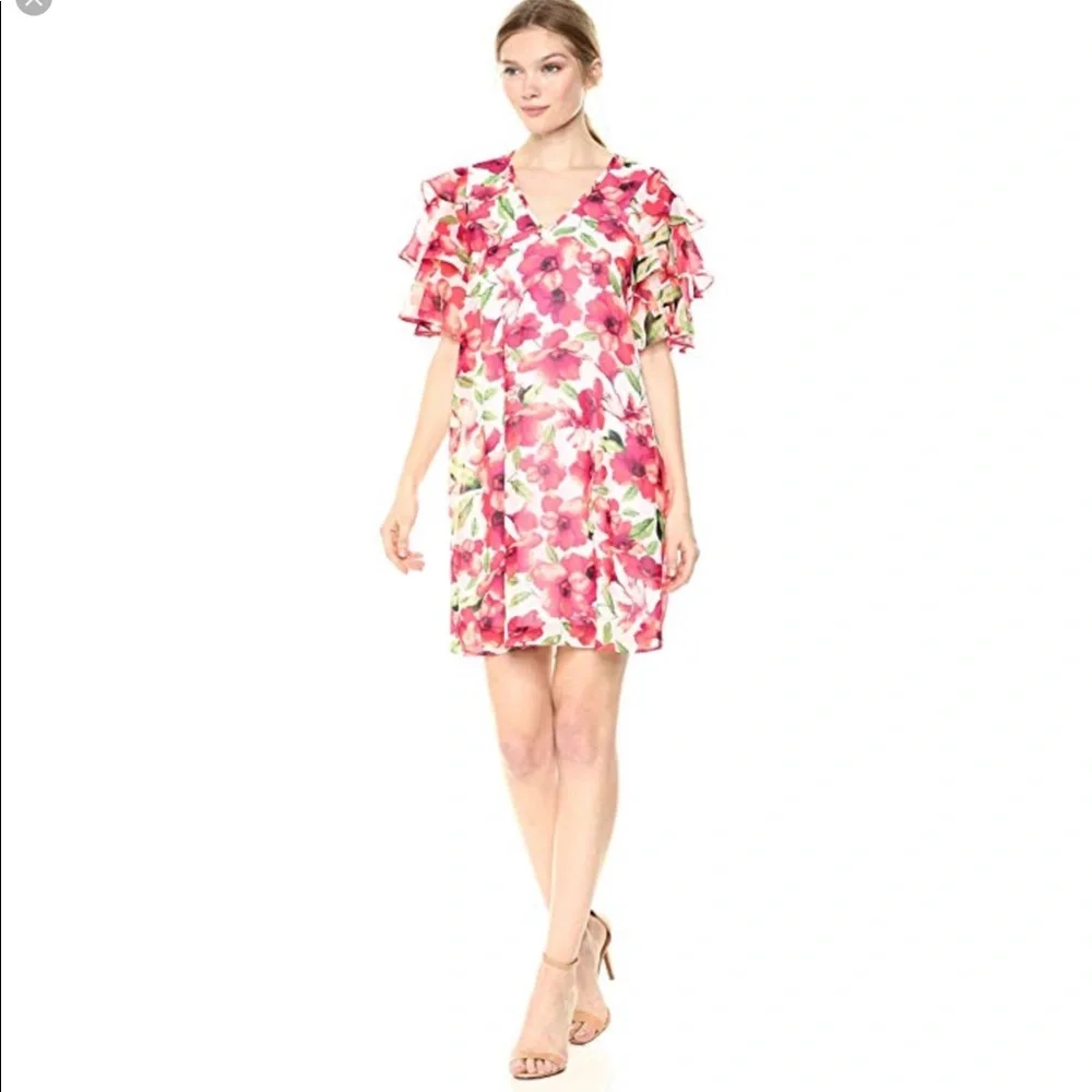 Calvin Klein Floral Shift Dress W/Ruffle Sleeves‎